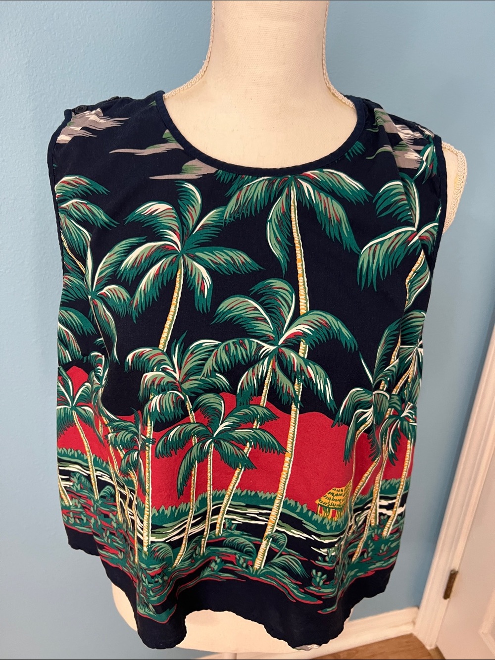 reyn spooner Black Tropical Palm Print Tank Top with Red and Green Accents